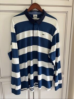 Lacoste Blue White Striped Henley Polo Preppy Crocodile Beach Mens Size XXL